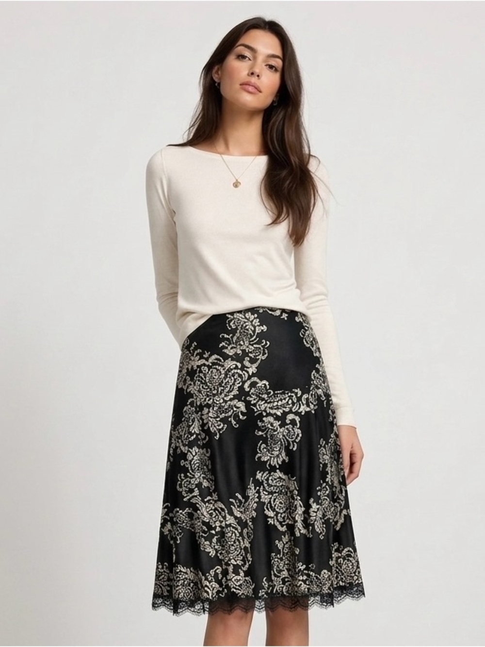 White House Black Market Silk Skirt 2 Black Ivory Baroque Floral WHBM Gothic - Picture 8 of 14